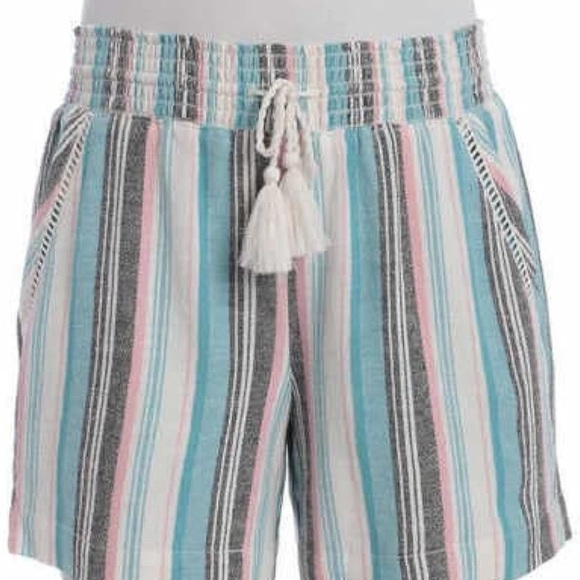 Briggs New York Linen Blend Pull-On Shorts with Pockets Drawstring Teal Stripes - Picture 1 of 11